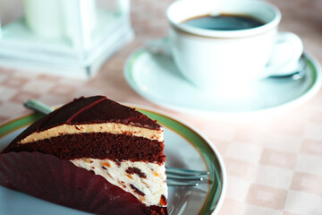 Cozy Cafe Scene with Chocolate Cake and Coffee