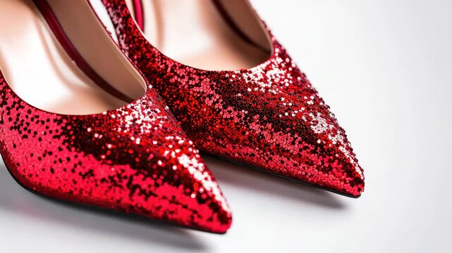 Sparkling red high heels shine brightly on a white surface showcasing modern fashion footwear trends