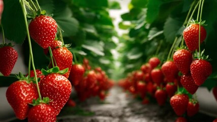 Close-up of rows of ripe strawberries growing in a greenhouse. The camera moves forward, creating the effect of immersion in the berry world. Ideal for projects about agriculture, healthy eating.