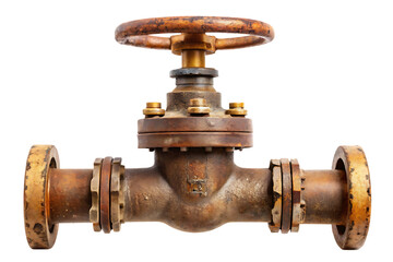 Rusted Industrial Pipe Valve with Flanged Connections and Handwheel plumbing water isolated on a transparent background