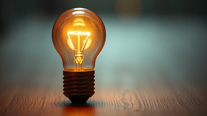 Close-up of a glowing light bulb on wood, symbolizing ideas and innovation.