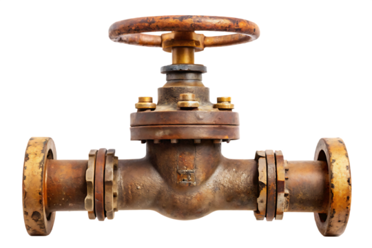 Rusted Industrial Pipe Valve with Flanged Connections and Handwheel plumbing water isolated on a transparent background