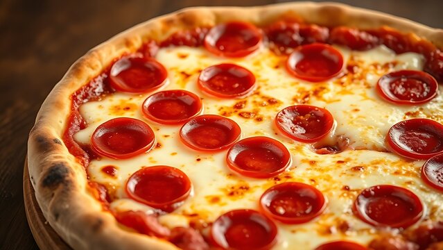 Close-up view of a pepperoni pizza with melted cheese on a rustic wooden table, evoking warmth.