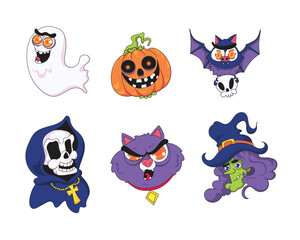 Fun Halloween cartoon character collection with ghost pumpkin bat witch cat and skull illustrations perfect for spooky artwork mascot fantasy portraits and decoration designs.