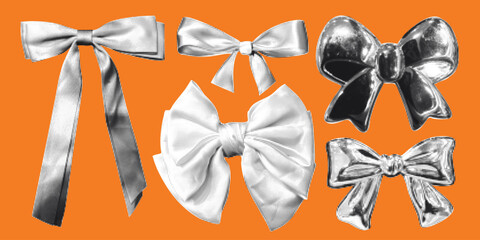 Halftone collage with set ribbon bows elements. Trendy vector pieces. Grungy punk aesthetic perfect for zines, posters, DIY flyers, tattoo, graphics, cards, stickers