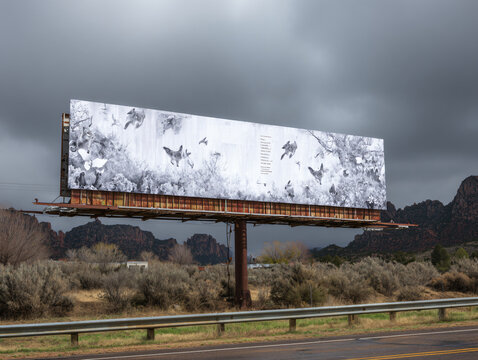 Billboard Advertising Signage Landscape Nature Cloudy Sky Mountains Outdoors Communication Display Promotion Art Graphics Travel Highway Design Birds Roadtrip Visual Wildlife Photography Messaging 