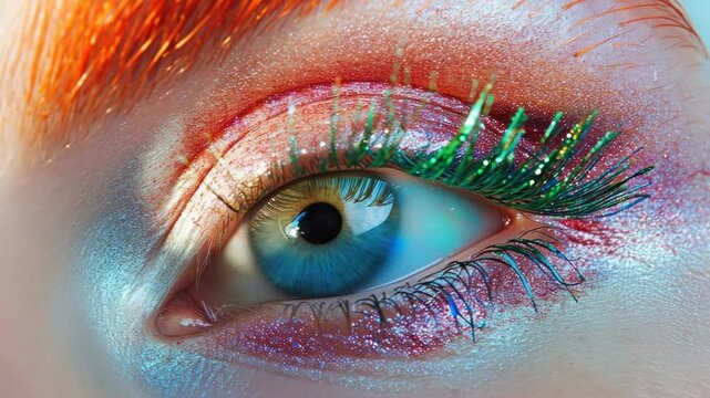 Detailed close-up of a vibrant, multicolored eye showcasing creative makeup techniques and colorful eyelashes in a bright setting