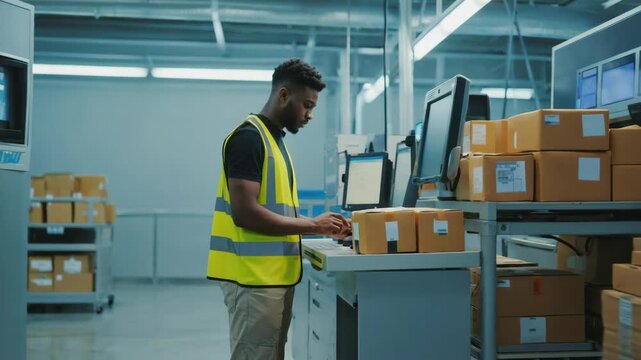 Man working in warehouse checking orders on computer screen with boxes of packaging materials around.