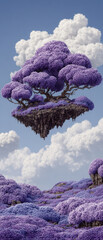 Small floating island in sky features vibrant purple tree surrounded by fluffy clouds, creating whimsical and enchanting atmosphere. This fantasy landscape captivates imagination