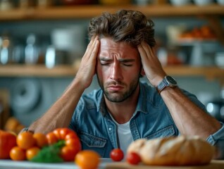 Man experiences frustration while preparing healthy meal in home kitchen filled with fresh produce and baked goods