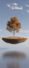 Small floating island in sky features solitary tree with vibrant autumn leaves, surrounded by calm water reflecting its beauty. This serene scene evokes sense of tranquility and wonder