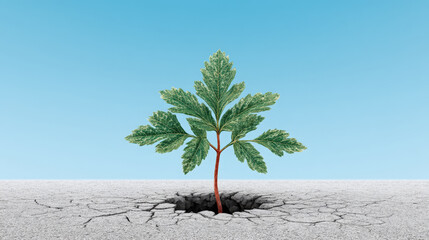 Small plant sprouting from cracked earth symbolizes hope and resilience in challenging environment. This captures beauty of nature persistence against adversity