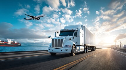 International Cargo Transportation with Truck, Cargo Ship, and Airplane