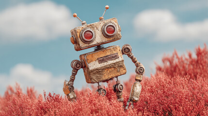 Tiny robot exploring vibrant landscape filled with red foliage under bright blue sky, showcasing whimsical and adventurous spirit. scene captures sense of wonder and curiosity