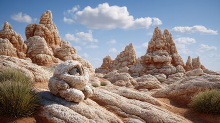 Tiny robot exploring giant world, surrounded by rocky formations and soft grass under bright blue sky. scene captures sense of wonder and adventure in unique landscape