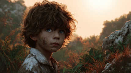 Young boy with tousled hair and dirty face gazes thoughtfully into distance, surrounded by lush greenery and soft golden light. scene evokes sense of innocence and adventure