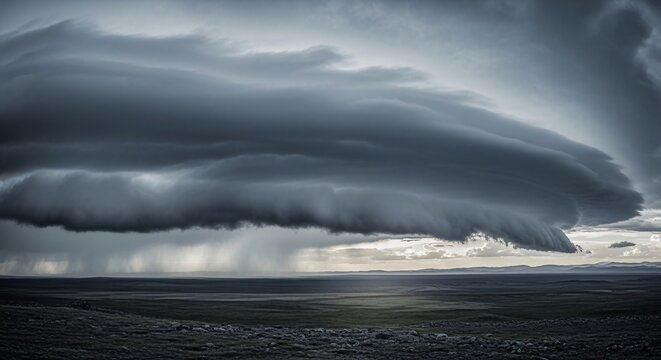 Massive Dark Storm Cloud Dumps Rain Over Vast Desolate Landscape with Distant Sun Rays.
