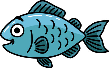 Vector Cartoon Hand Drawn Happy Blue Fish