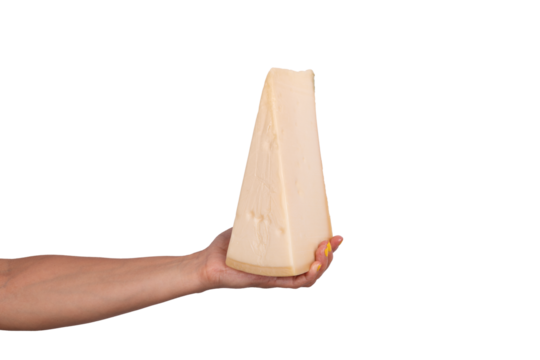 Large wedge of hard cheese held in a human hand, isolated on transparent background, ideal for culinary or food industry themes.