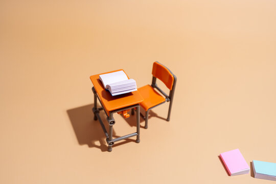 Empty school desk and chair with book on brown background studio