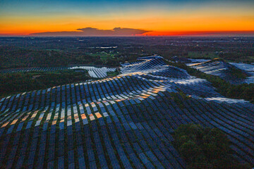 Photovoltaic panels on a hillside at sunset