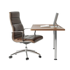 Fototapeta premium High back brown leather office chair with desk and computer for home office and workplace furniture