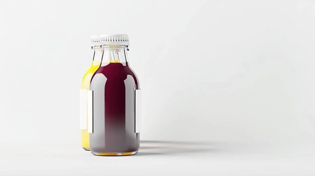 Colorful glass bottles filled with various fruit juices, showcasing vibrant hues and clear labels, arranged in a visually appealing sequence for beverage presentation