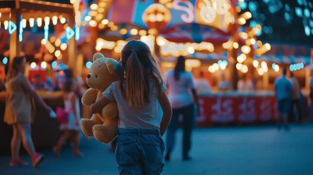Young girl with teddy bear stands in vibrant carnival atmosphere, illuminated by colorful lights, capturing the joyful essence of childhood and wonder in a lively fairground scene
