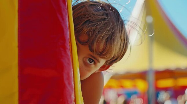 Young boy peeking out from behind colorful carnival tent, showcasing playful curiosity and joy in a vibrant outdoor amusement setting filled with bright colors and festive atmosphere