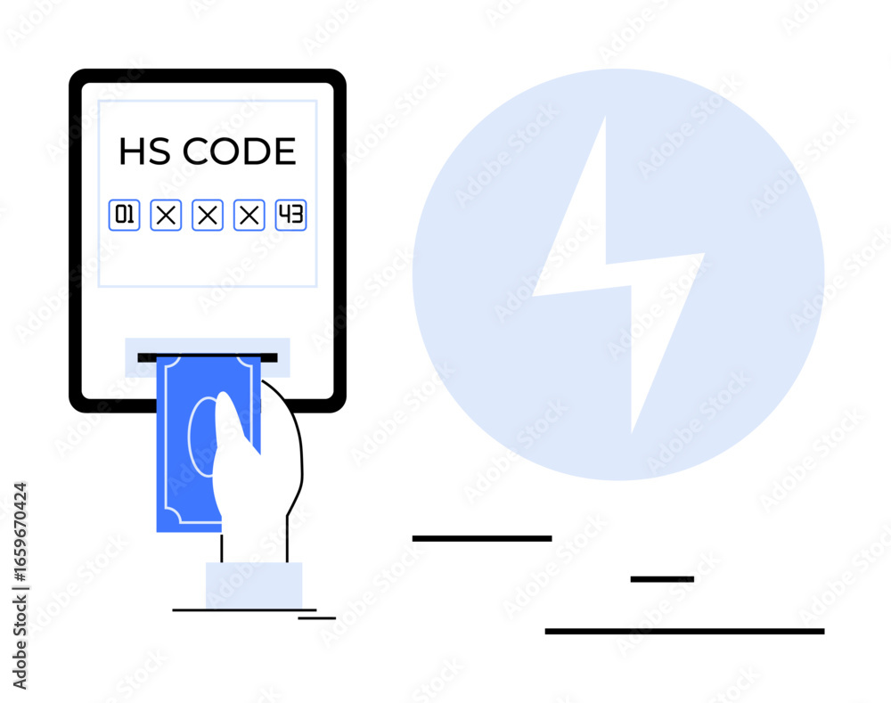 Poster hand inserting a card into an hs code machine while a lightning energy symbol resides behind. ideal 