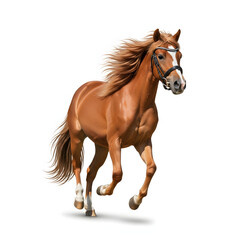 Obraz premium Majestic brown horse running with flowing mane and bridle.