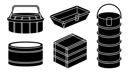 Collection of vintage tiffin carriers and containers in black and white