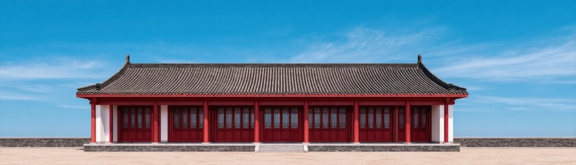 Obraz premium A vibrant, traditional building with red walls and intricate details stands against a clear blue sky, perfect for cultural projects, travel brochures, or architectural studies,