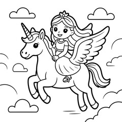 Outline drawing of a girl princess riding a winged unicorn in the sky coloring page
