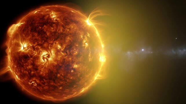 Close up view of the Sun surface with solar flares prominences and intense light against dark space background