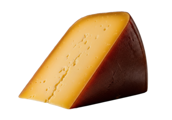 Extreme low-angle macro of a dynamically positioned aged smoked Gouda cheese wedge, amber interior, crystalline structures, dark rind, on transparent, studio lighting. Concept of gourmet cheese