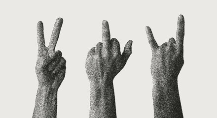 Stippling hand gesture set, featuring expressive fingers in punk, rock, peace, and shaka poses. Collage clipart with a gritty, bold aesthetic perfect for zines, posters, streetwear designs, stickers