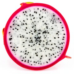 Obraz premium A vibrant cross-section of a dragon fruit, showcasing its white flesh and black seeds.
