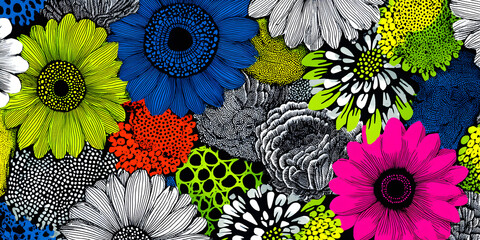 A colorful flower pattern with a pink flower in the middle