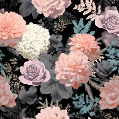A black and white floral pattern with pink and blue flowers