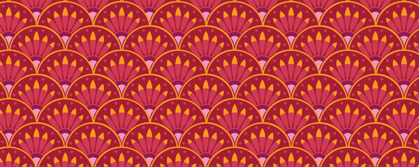 Art Deco Japanese Seamless Pattern with Semi Circle Fans and Red Geometric Motifs. Asian elegant decorative design for wallpapers, packaging, and textiles.