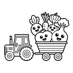 Cartoon tractor pulling a wagon full of happy vegetables line art farm farming