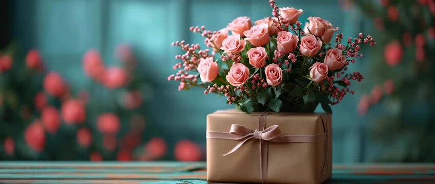 Beautiful arrangement of pink roses in a brown gift box on a table in a floral setting with soft lighting