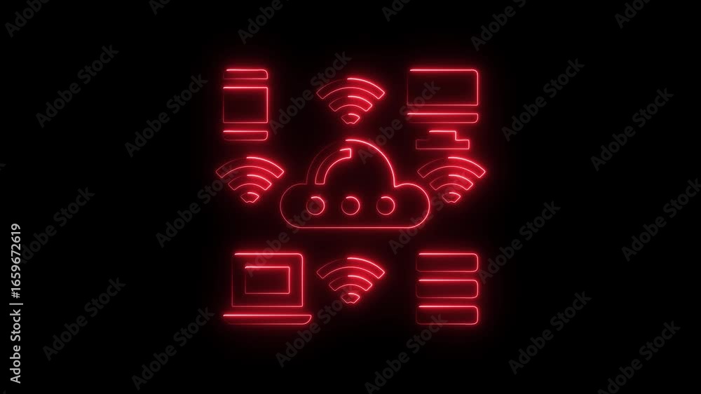 Poster red neon cloud computing icons connected to devices and wi- fi signals on black background technolog