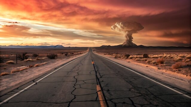 Road leading to a nuclear explosion mushroom cloud in the desert at sunset