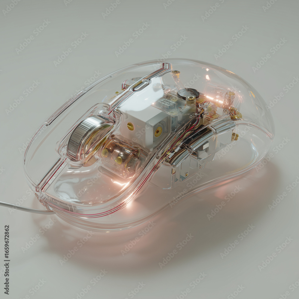 Poster intricate internal components of a transparent computer mouse illuminated with warm light