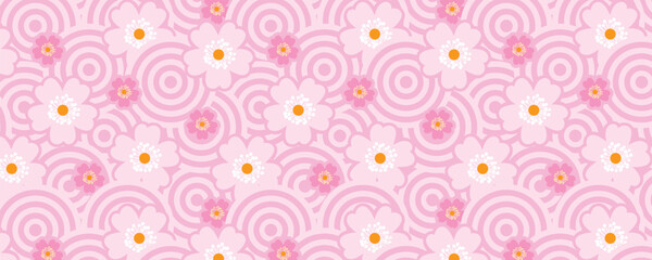 Playful Japanese Seamless Floral Pattern with Pink Sakura Blossoms and Circular Waves. Cute pastel background design ideal for fabric, packaging, web, cards, illustrations