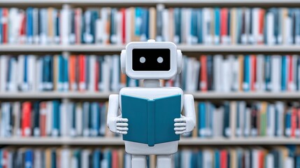 A cheerful robot holding a book stands in a library filled with colorful books, This image can be used for themes like education, technology, and the future of learning,