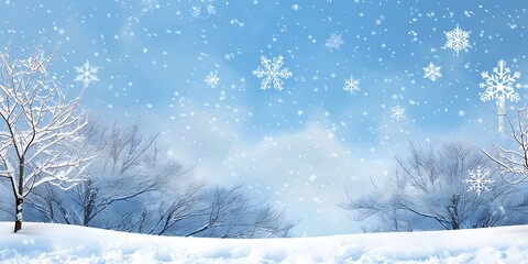 Fototapeta premium Whimsical snowy winter landscape with bare frosty trees, falling snowflakes, and dreamy blue sky in a magical holiday background