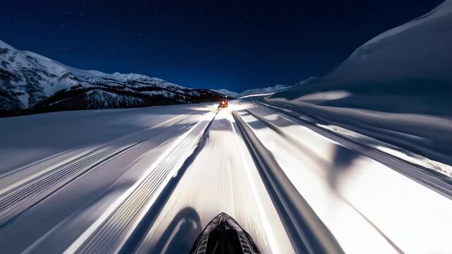 Highspeed snowmobile adventure through snowy mountain terrain at night - Powered by Adobe